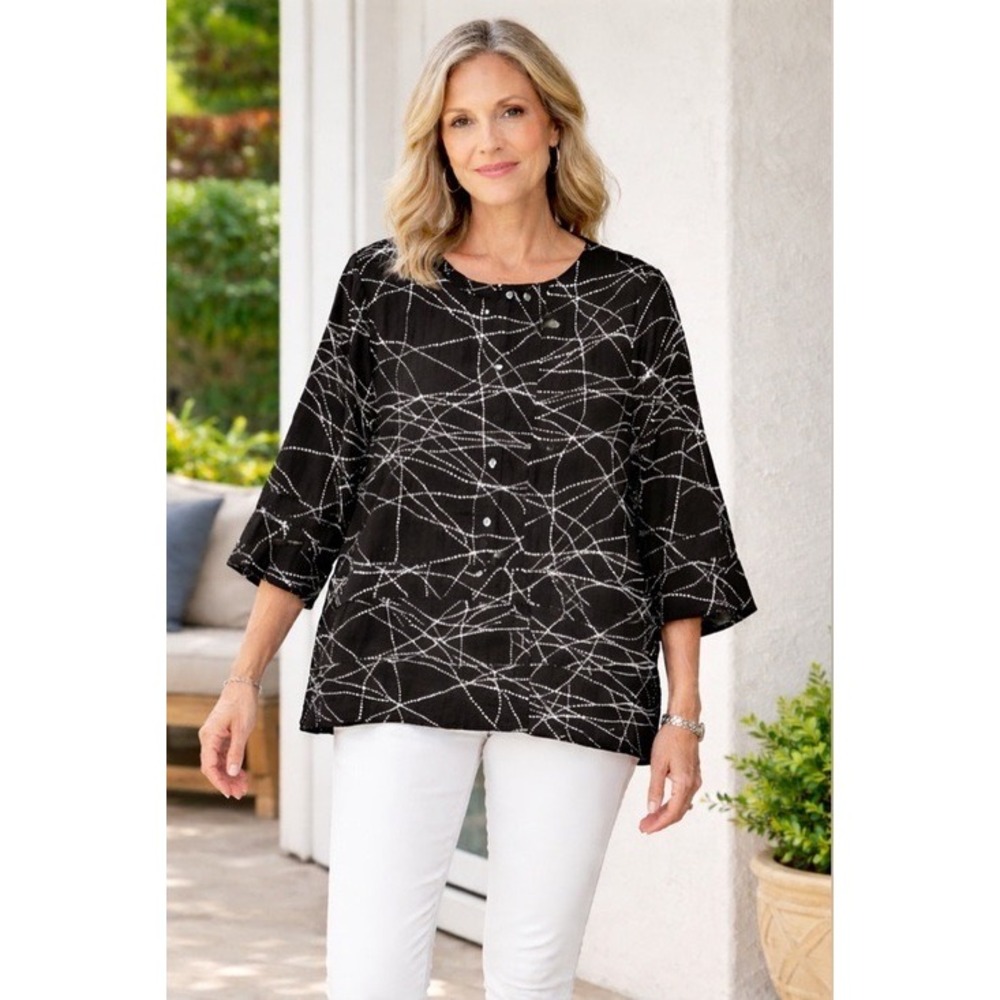 Habitat Black and‎ White Lagenlook Patterned Blouse Statement Buttons Size Large